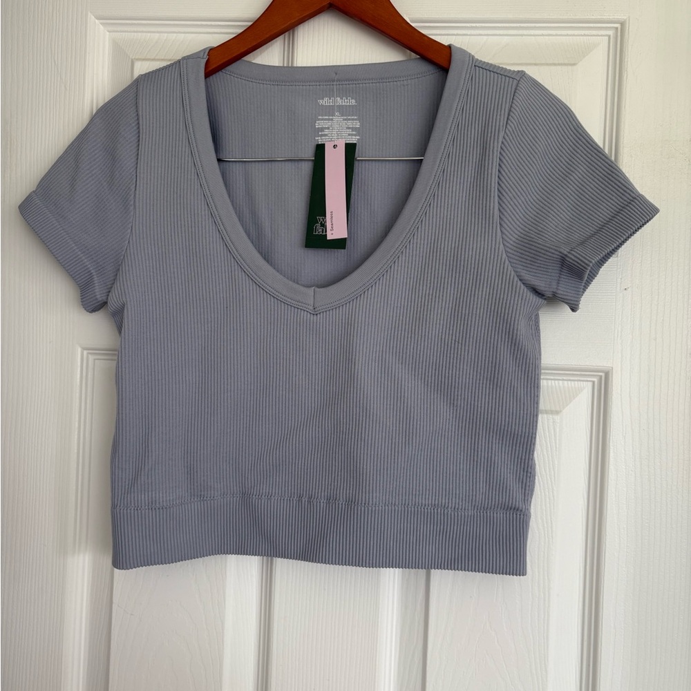 Women's Blue/Gray Ribbed V-Neck Top